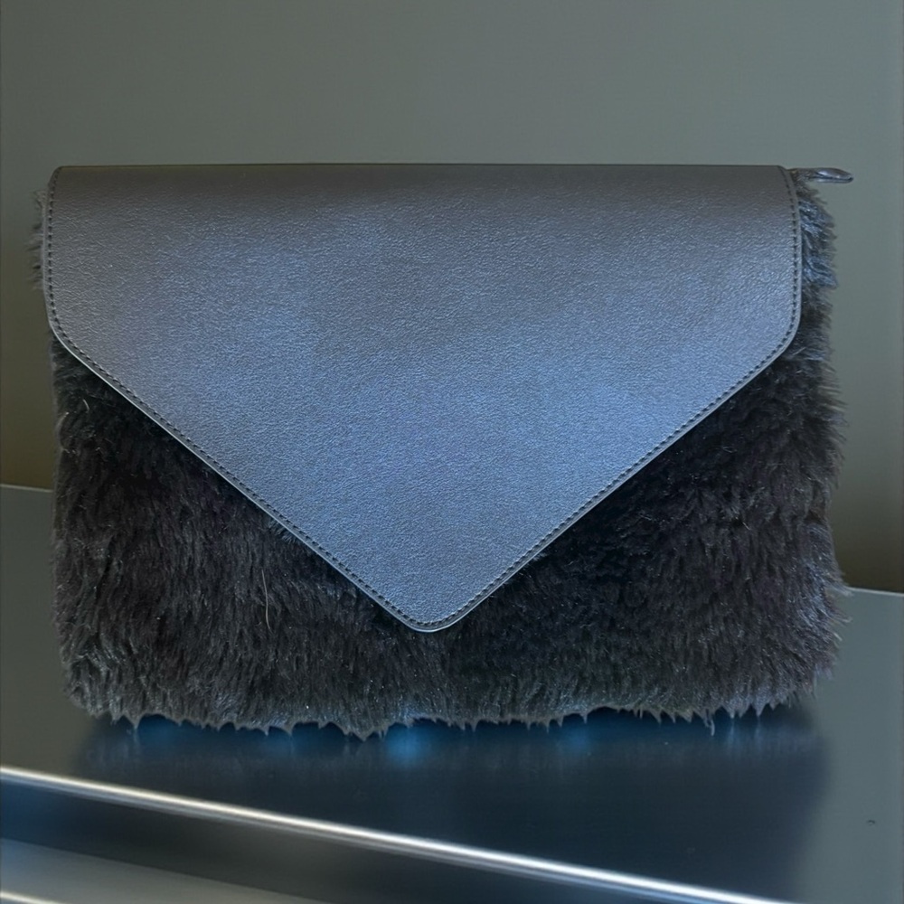 MALI + LILI Faux Fur and Leather Clutch With Hand/Arm Strap.